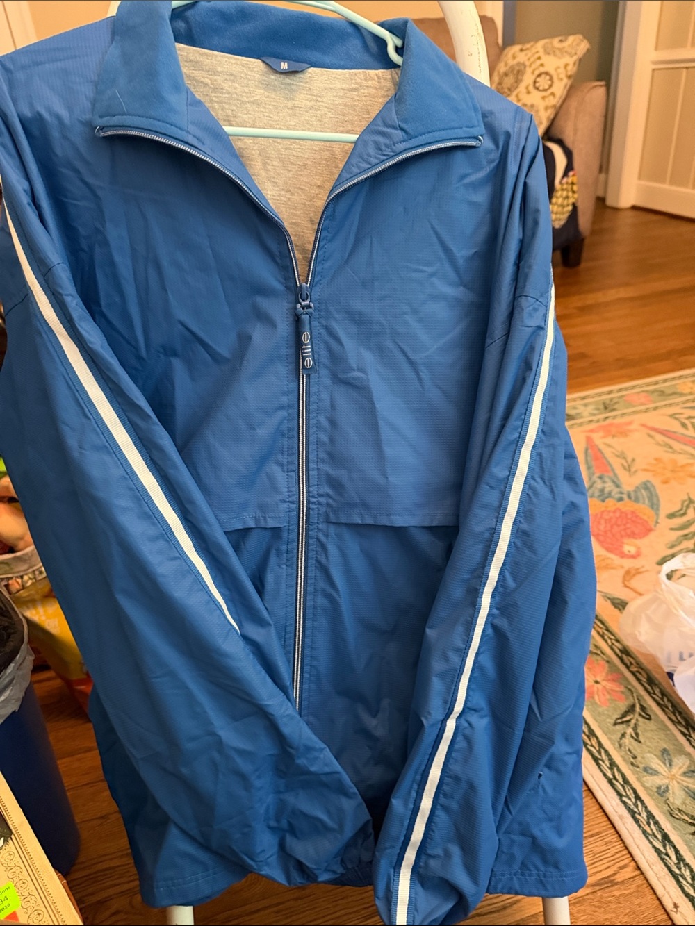 Men's Blue Zip Windbreaker Jacket with White Stripe